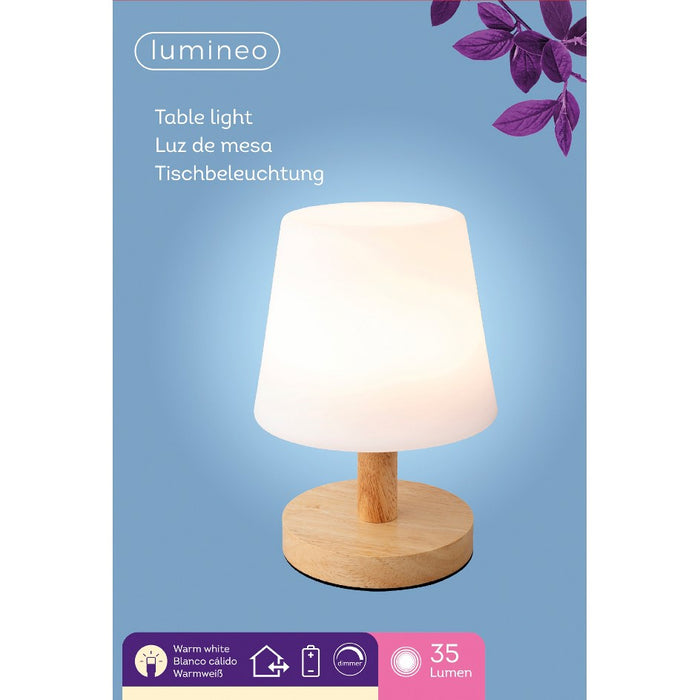 Lampe de table LED rechargeable Lumineo d'extérieur, dimmable, avec télécommande, bois, 22 cm
