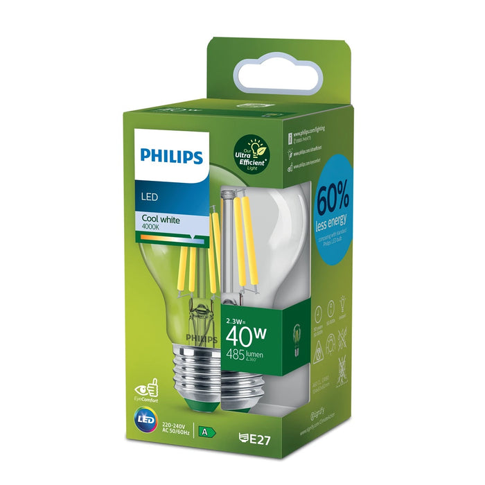 Philips Classic Filament LED lamp 2.3-40W E27 840 EEK A clear