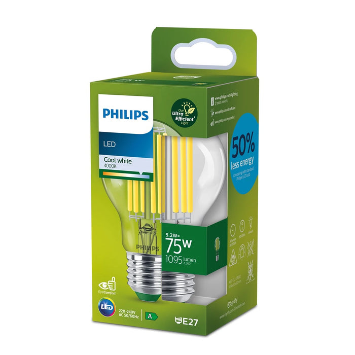 Lampe LED à filament classique Philips 5,2-75W E27 EEK A claire