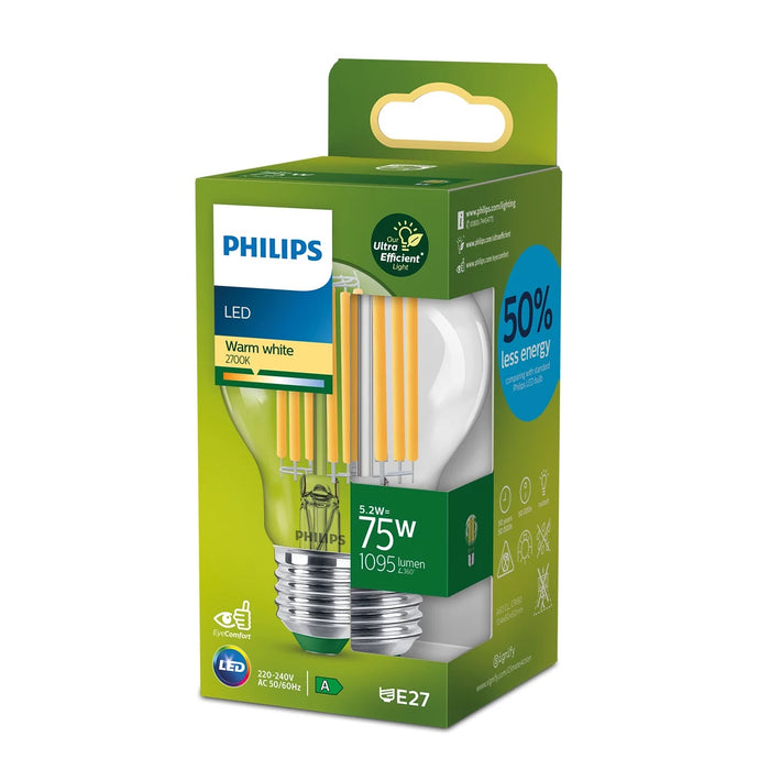 Lampe LED à filament classique Philips 5,2-75W E27 EEK A claire