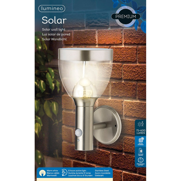 Lumineo solar powered LED wall light, 28cm, motion detector, stainless steel