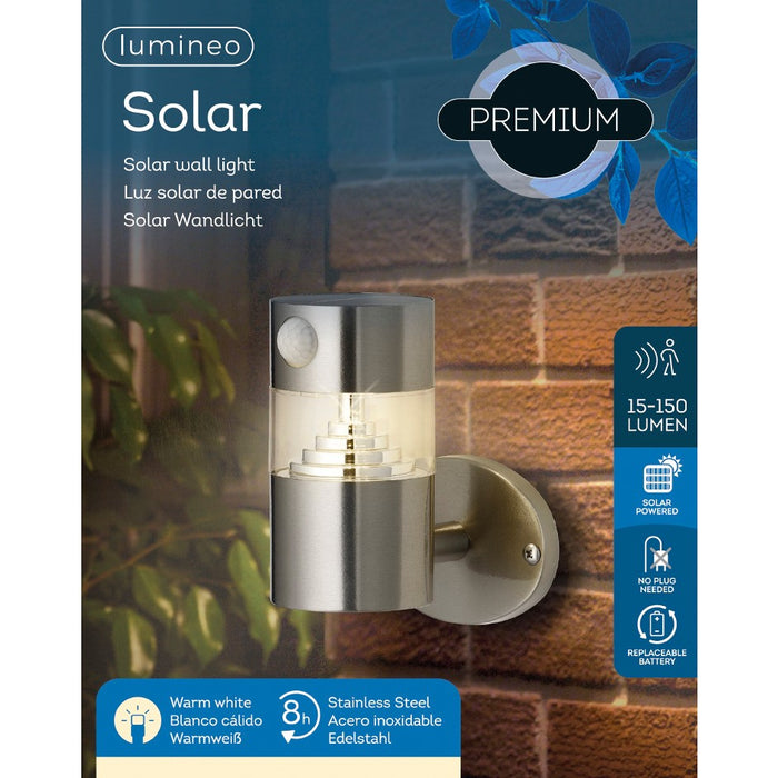 Lumineo solar powered LED wall light, 16cm, motion sensor, stainless steel