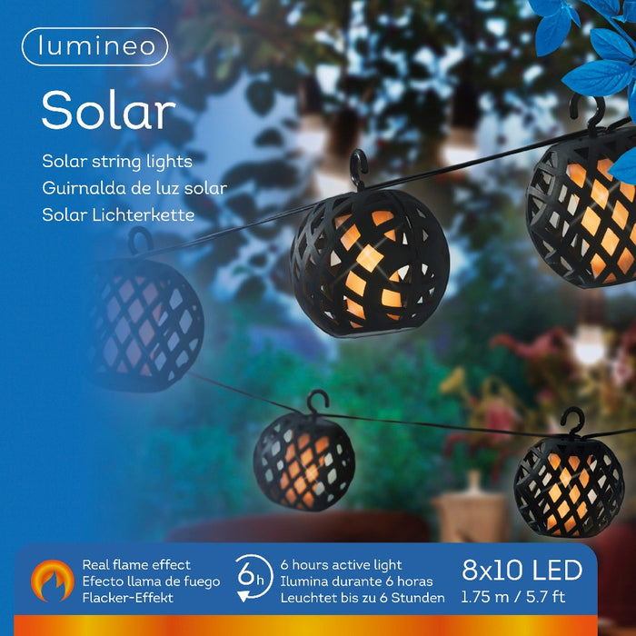Lumineo Catena Luminosa a LED ad energia solare, 8 mini lanterne con effetto tremolante, 175 cm, bianco caldo