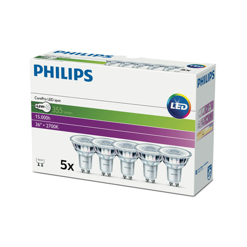 Philips CorePro LEDspot 4,6-50W GU10 827 36° 5er Multipack 35638