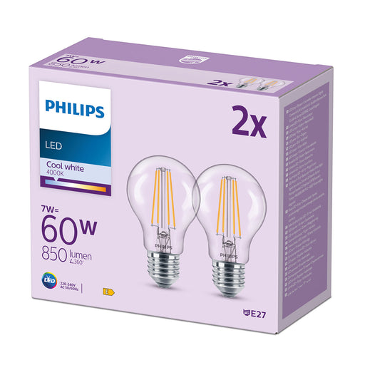 Philips Classic Filament LED-Lampe Doppelpack 7-60W E27 840 klar pic2